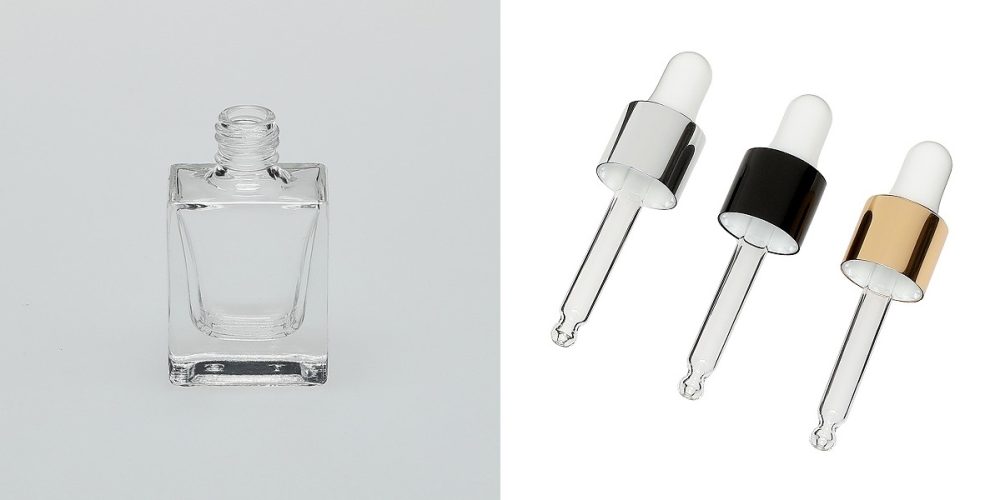 1/3 oz (10ml) Deluxe Flat-Square Clear Glass Bottle (Heavy Base Bottom) with Serum Droppers - Image 2