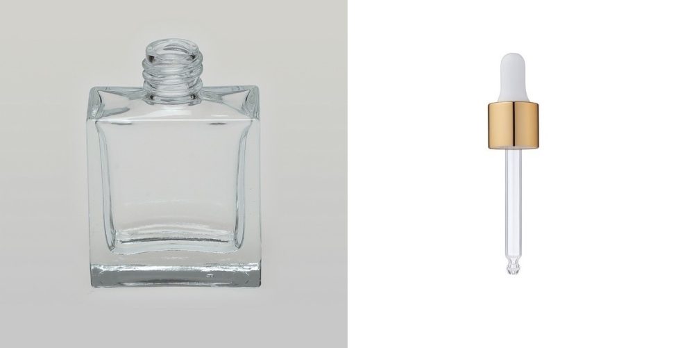 1 oz (30ml) Square Flint Clear Glass Bottle (Heavy Base Bottom) with Serum Droppers - Image 2